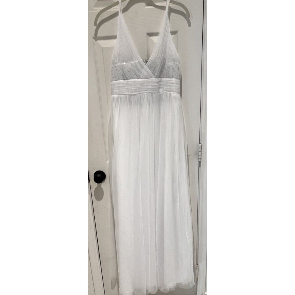 Christina Wu White Tulle Gown with Silver Sequins V Neck Sleeveless New SZ 16